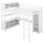 Lit mezzanine double en métal avec armoire, bureau en L et rangement