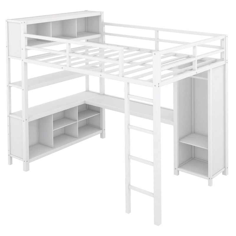 Lit mezzanine double en métal avec armoire, bureau en L et rangement