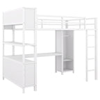 Lit mezzanine double en métal avec armoire, bureau en L et rangement