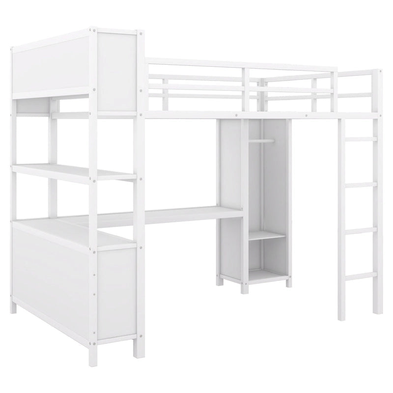 Lit mezzanine double en métal avec armoire, bureau en L et rangement