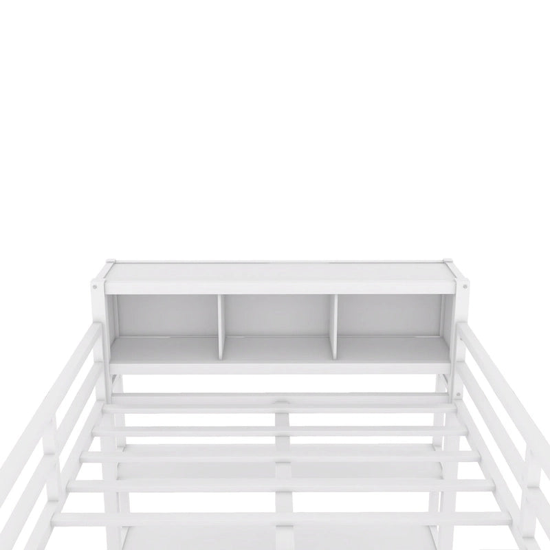 Lit mezzanine double en métal avec armoire, bureau en L et rangement