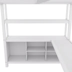 Lit mezzanine double en métal avec armoire, bureau en L et rangement