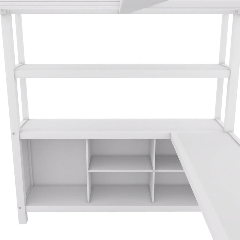Lit mezzanine double en métal avec armoire, bureau en L et rangement