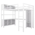 Lit mezzanine double en métal avec armoire, bureau en L et rangement
