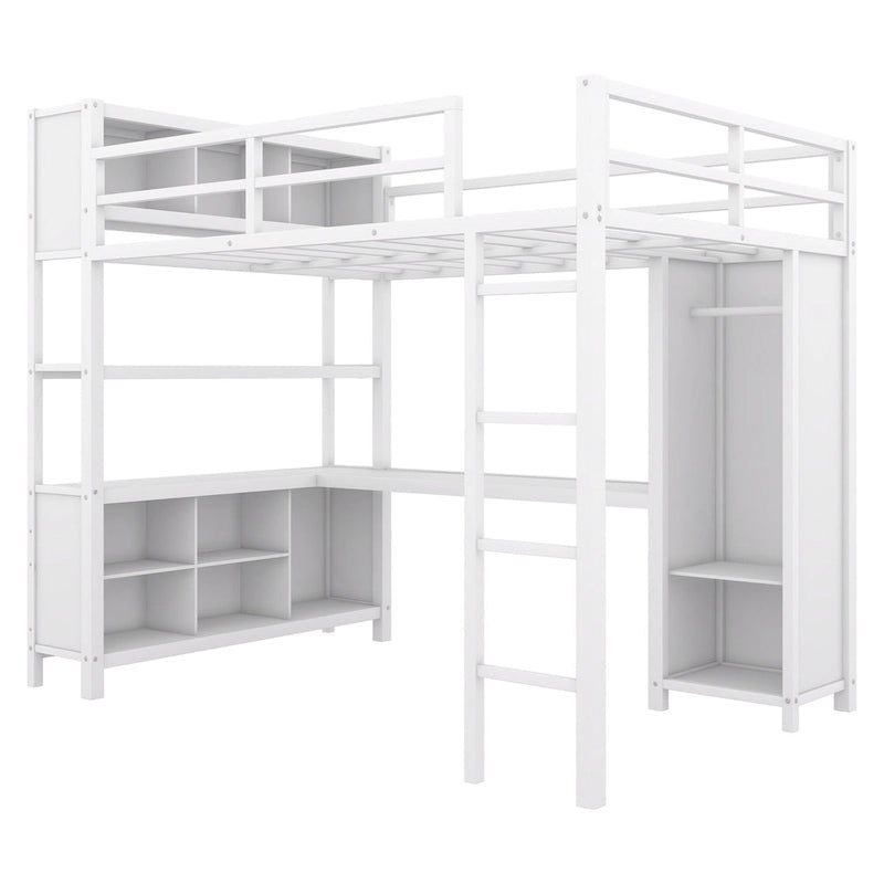 Lit mezzanine double en métal avec armoire, bureau en L et rangement