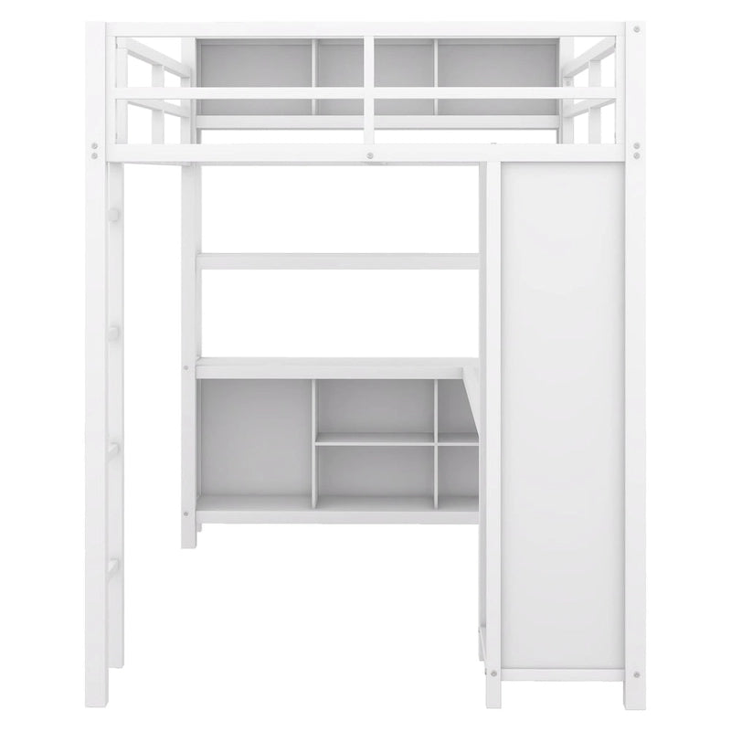 Lit mezzanine double en métal avec armoire, bureau en L et rangement