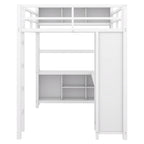Lit mezzanine double en métal avec armoire, bureau en L et rangement