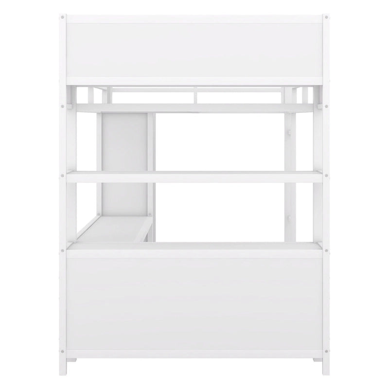 Lit mezzanine double en métal avec armoire, bureau en L et rangement