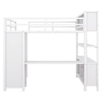Lit mezzanine double en métal avec armoire, bureau en L et rangement