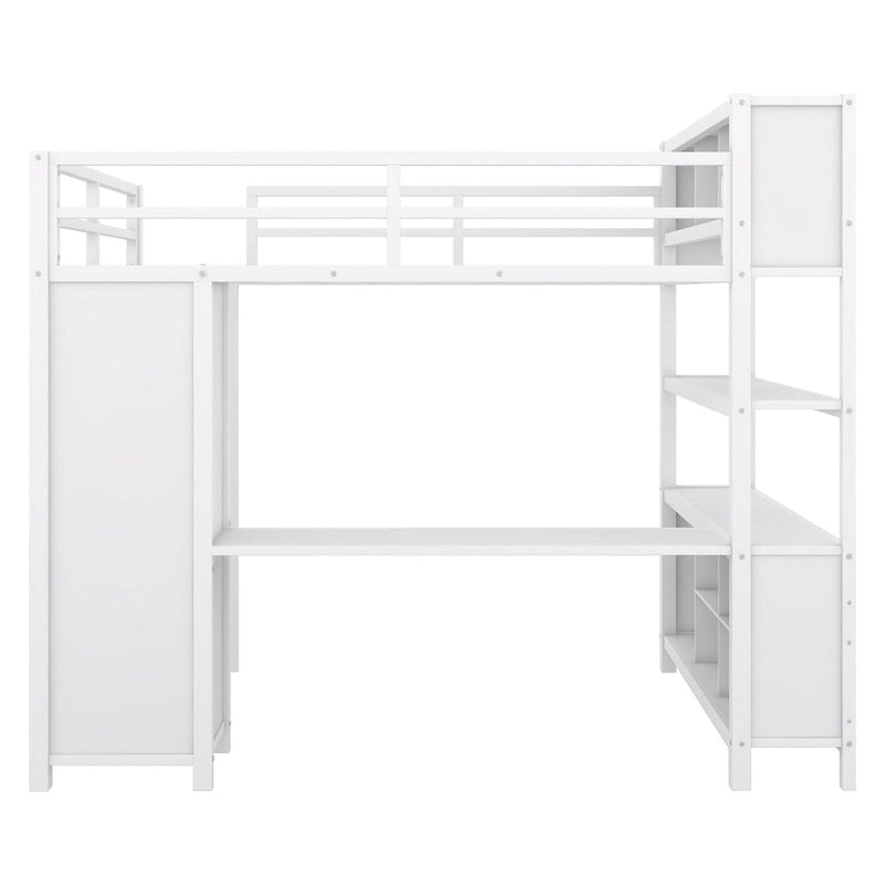 Lit mezzanine double en métal avec armoire, bureau en L et rangement