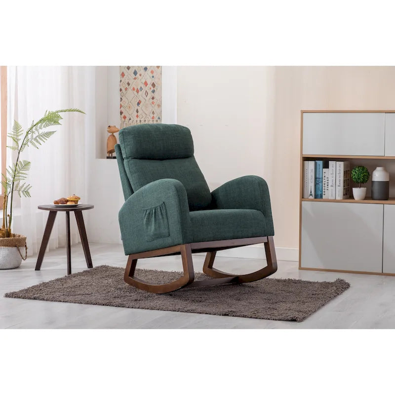 Fauteuil à bascule rembourré avec pieds en bois et poches latérales