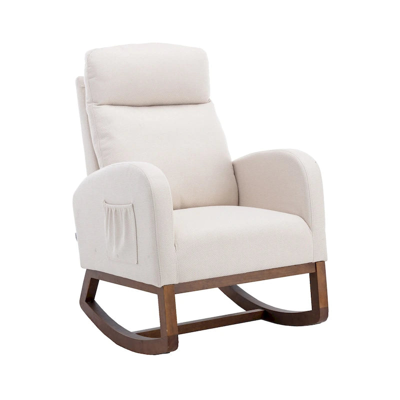 Fauteuil à bascule rembourré avec pieds en bois et poches latérales