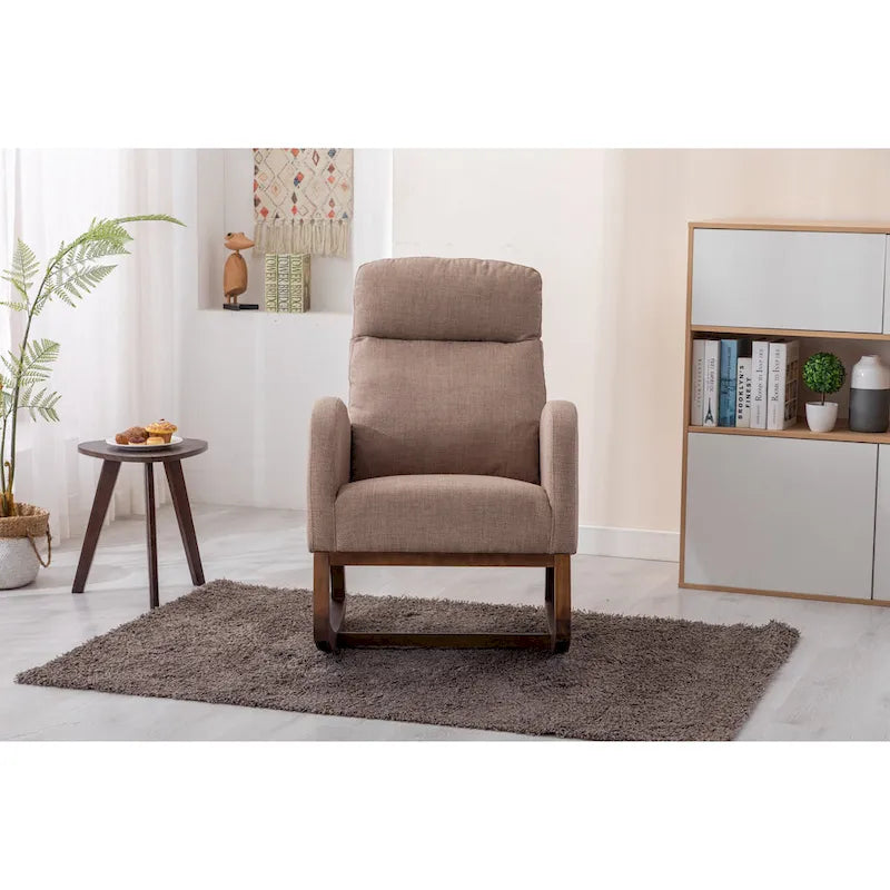 Fauteuil à bascule rembourré avec pieds en bois et poches latérales