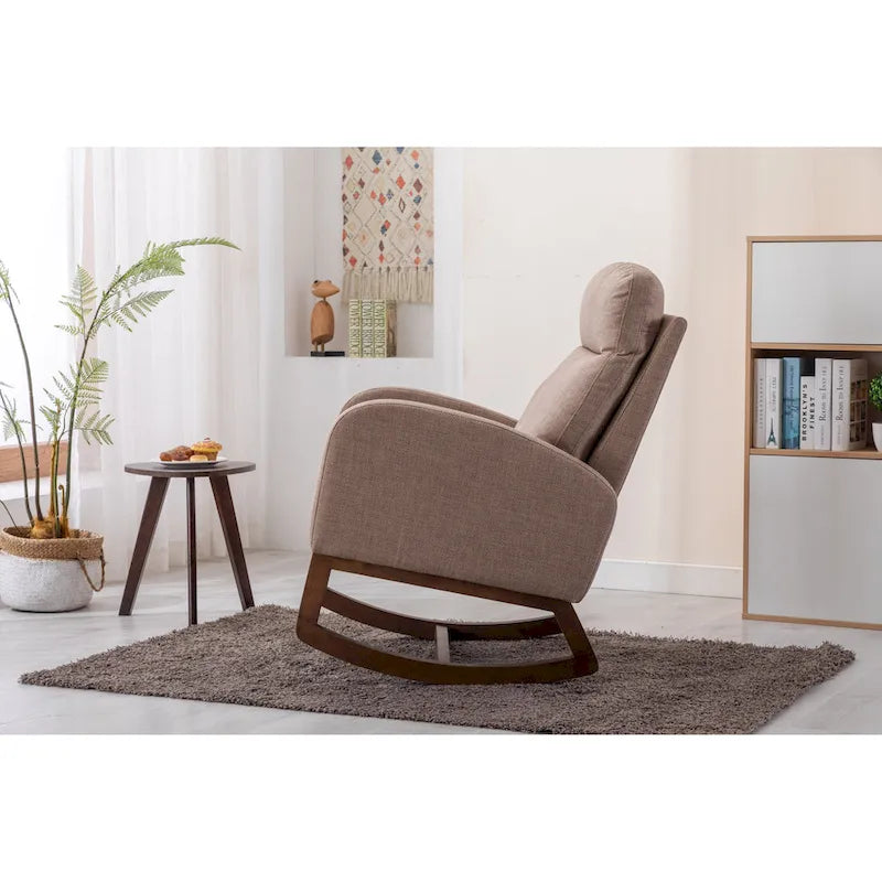 Fauteuil à bascule rembourré avec pieds en bois et poches latérales