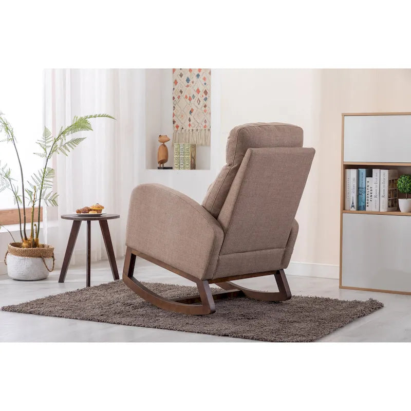 Fauteuil à bascule rembourré avec pieds en bois et poches latérales