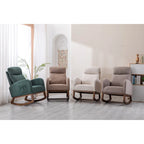 Fauteuil à bascule rembourré avec pieds en bois et poches latérales