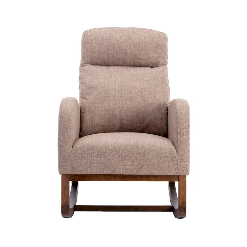 Fauteuil à bascule rembourré avec pieds en bois et poches latérales