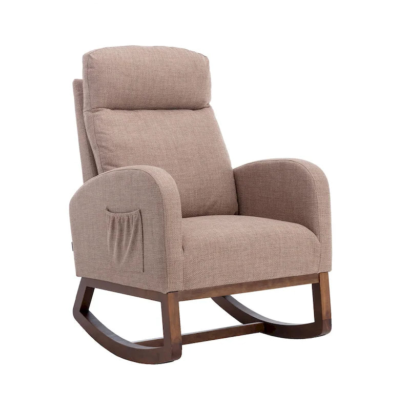 Fauteuil à bascule rembourré avec pieds en bois et poches latérales