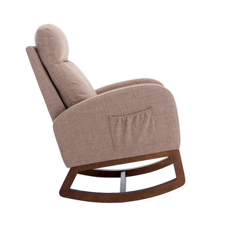 Fauteuil à bascule rembourré avec pieds en bois et poches latérales