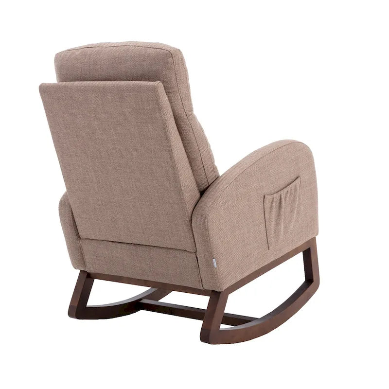 Fauteuil à bascule rembourré avec pieds en bois et poches latérales