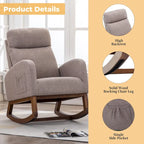 Fauteuil à bascule rembourré avec pieds en bois et poches latérales