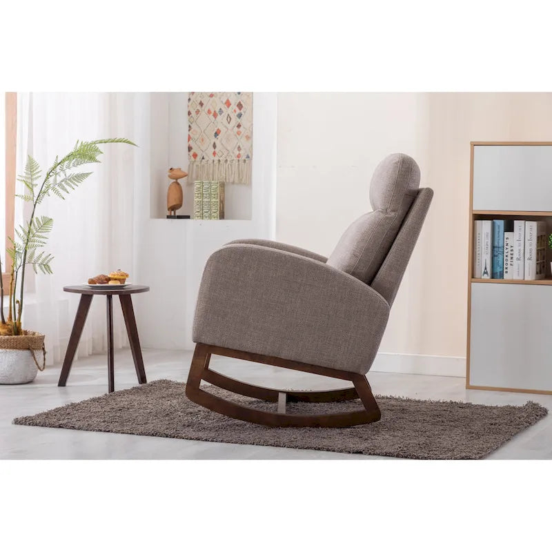 Fauteuil à bascule rembourré avec pieds en bois et poches latérales