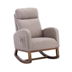 Fauteuil à bascule rembourré avec pieds en bois et poches latérales