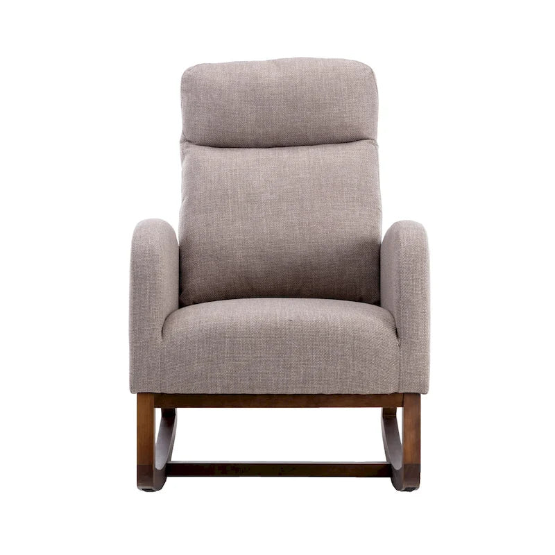 Fauteuil à bascule rembourré avec pieds en bois et poches latérales