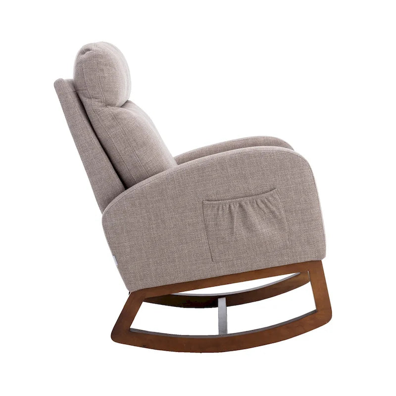 Fauteuil à bascule rembourré avec pieds en bois et poches latérales
