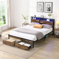 Cadre de lit en métal King Size avec tête de lit en bois et lumières LED