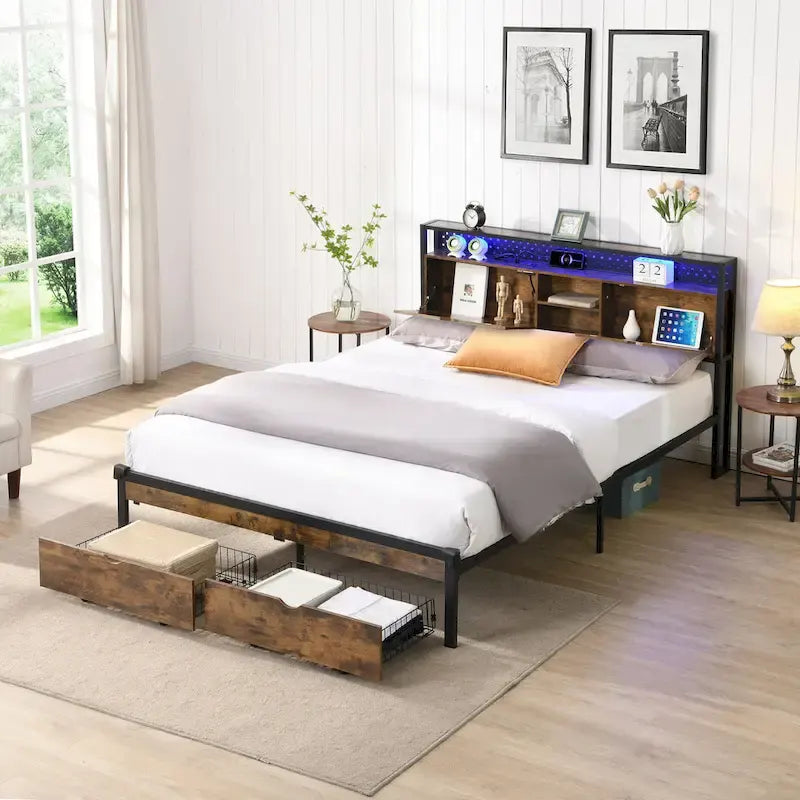 Cadre de lit en métal King Size avec tête de lit en bois et lumières LED