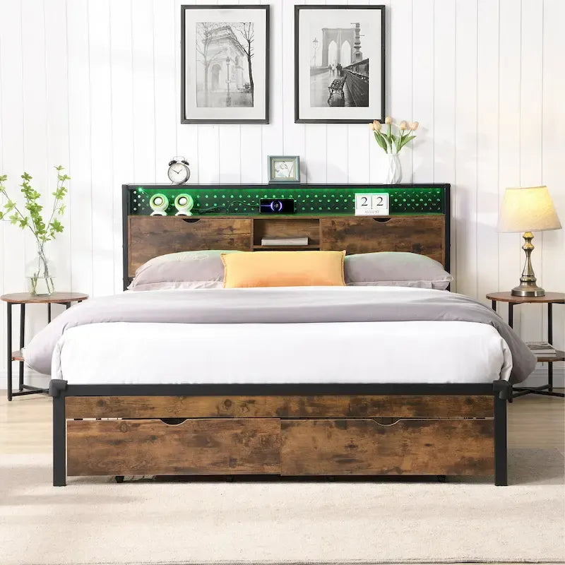 Cadre de lit en métal King Size avec tête de lit en bois et lumières LED