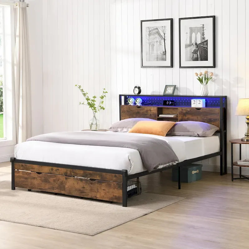 Cadre de lit en métal King Size avec tête de lit en bois et lumières LED
