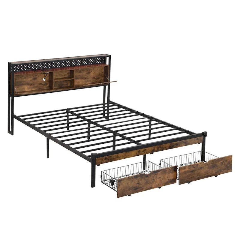 Cadre de lit en métal King Size avec tête de lit en bois et lumières LED