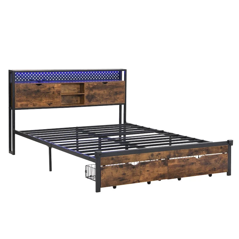 Cadre de lit en métal King Size avec tête de lit en bois et lumières LED