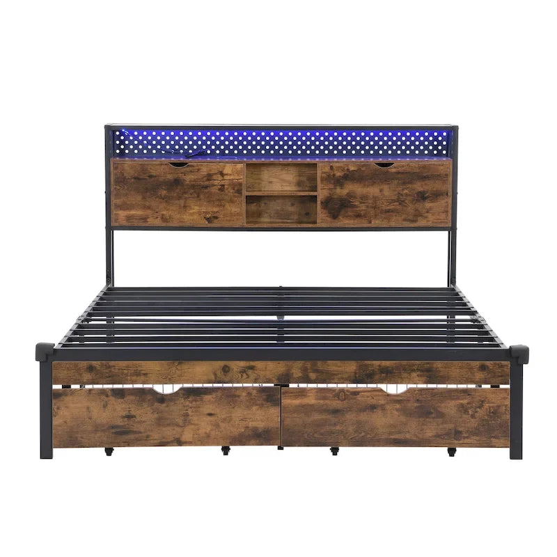 Cadre de lit en métal King Size avec tête de lit en bois et lumières LED