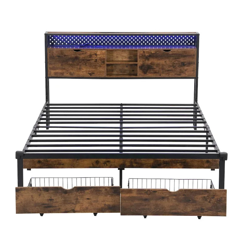 Cadre de lit en métal King Size avec tête de lit en bois et lumières LED