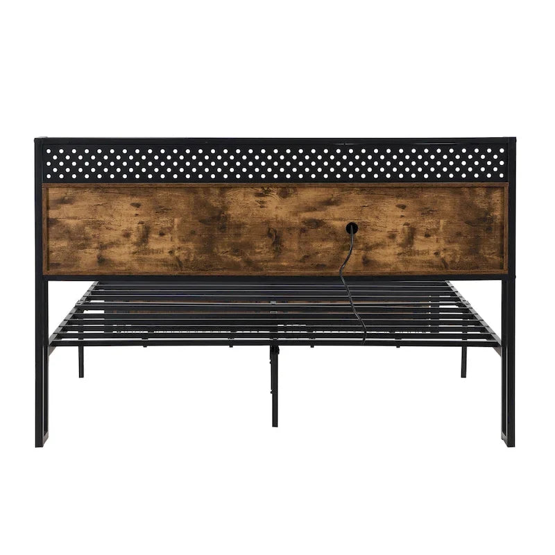 Cadre de lit en métal King Size avec tête de lit en bois et lumières LED
