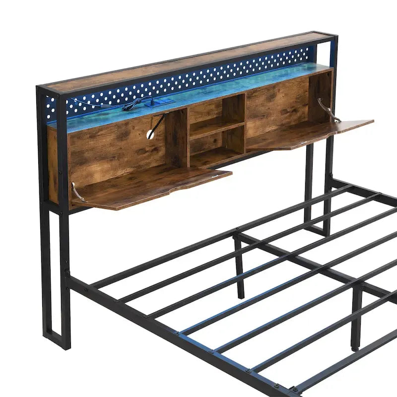 Cadre de lit en métal King Size avec tête de lit en bois et lumières LED
