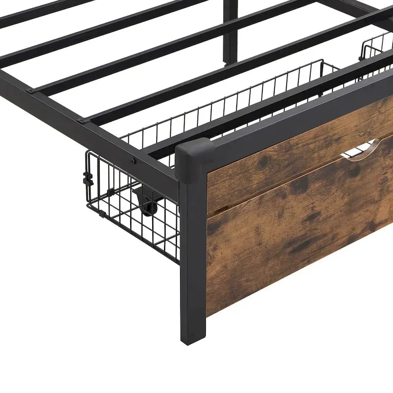 Cadre de lit en métal King Size avec tête de lit en bois et lumières LED