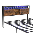 Cadre de lit en métal King Size avec tête de lit en bois et lumières LED
