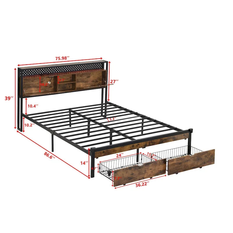 Cadre de lit en métal King Size avec tête de lit en bois et lumières LED