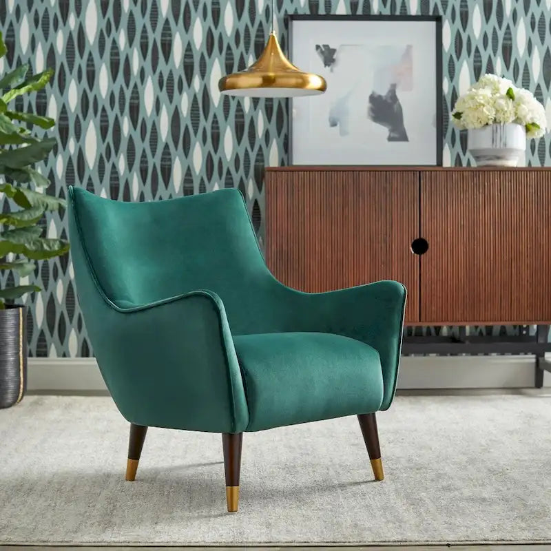 Fauteuil d'appoint dossier incurvé – Tissu d'ameublement avec pieds en noyer biseautés