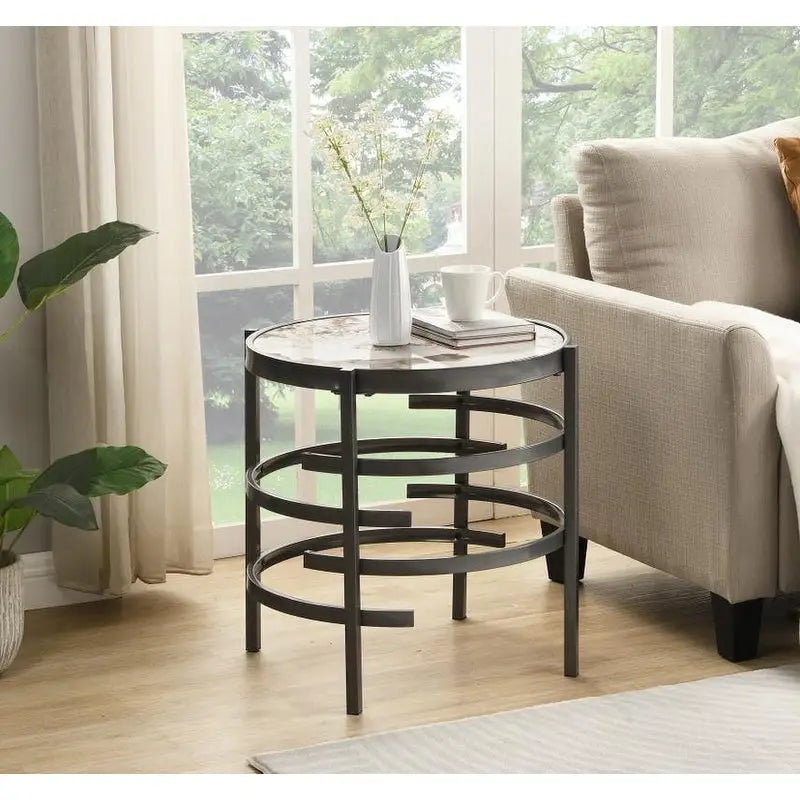Table d'appoint ronde avec plateau en pierre frittée et cadre en métal