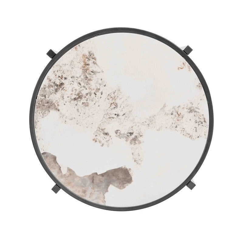 Table d'appoint ronde avec plateau en pierre frittée et cadre en métal