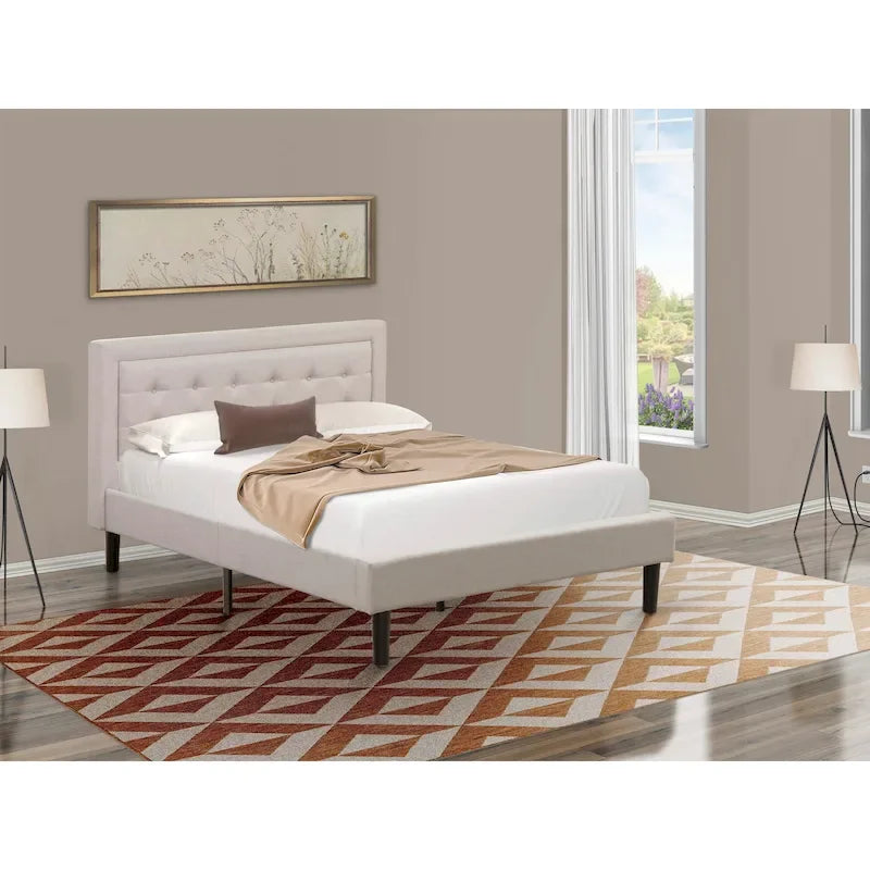 Lit plateforme - Tête de lit en tissu de lin capitonné avec garniture boutonnée - Pieds noirs