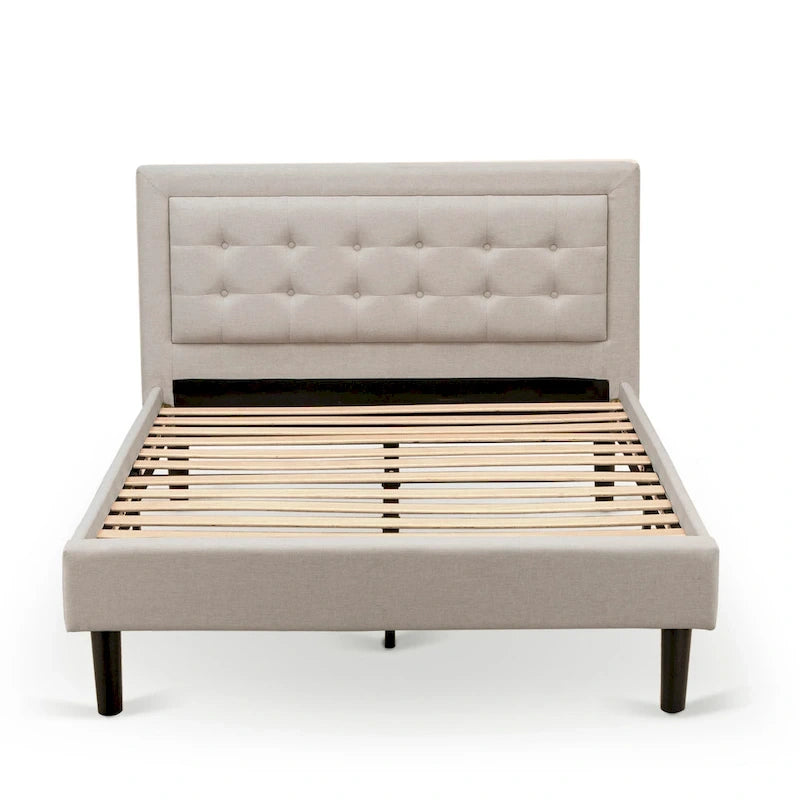 Lit plateforme - Tête de lit en tissu de lin capitonné avec garniture boutonnée - Pieds noirs