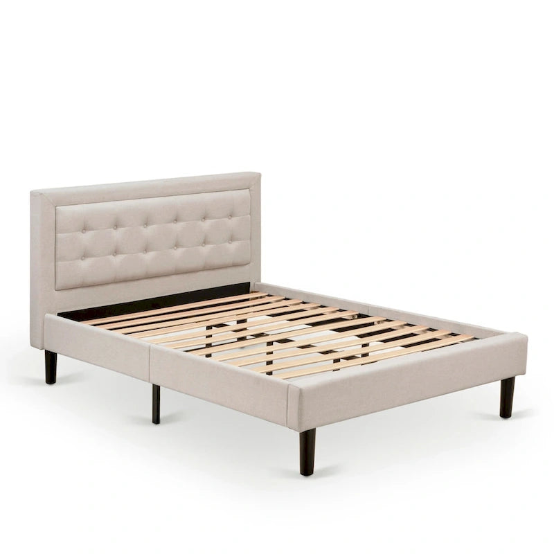 Lit plateforme - Tête de lit en tissu de lin capitonné avec garniture boutonnée - Pieds noirs