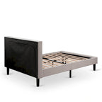 Lit plateforme - Tête de lit en tissu de lin capitonné avec garniture boutonnée - Pieds noirs