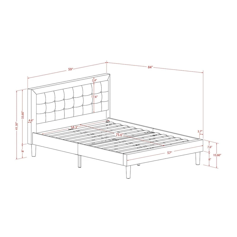 Lit plateforme - Tête de lit en tissu de lin capitonné avec garniture boutonnée - Pieds noirs